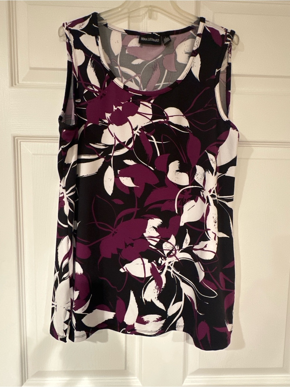 Nina Leonard Black, White & Purple Floral Sleeveless top